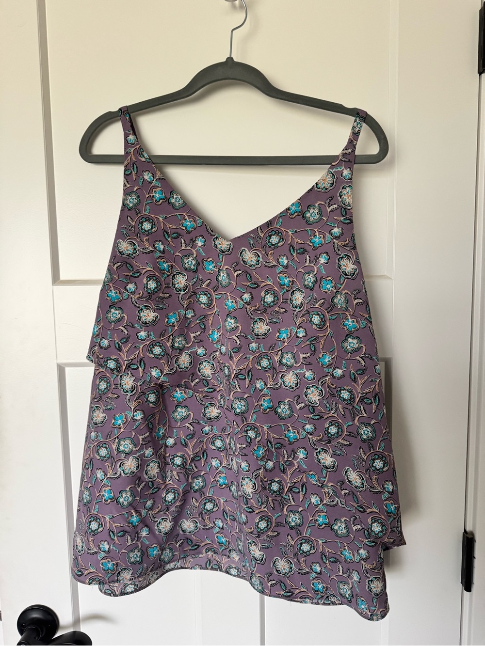 CAbi Purple Floral V-Neck Camisole with Teal Accents